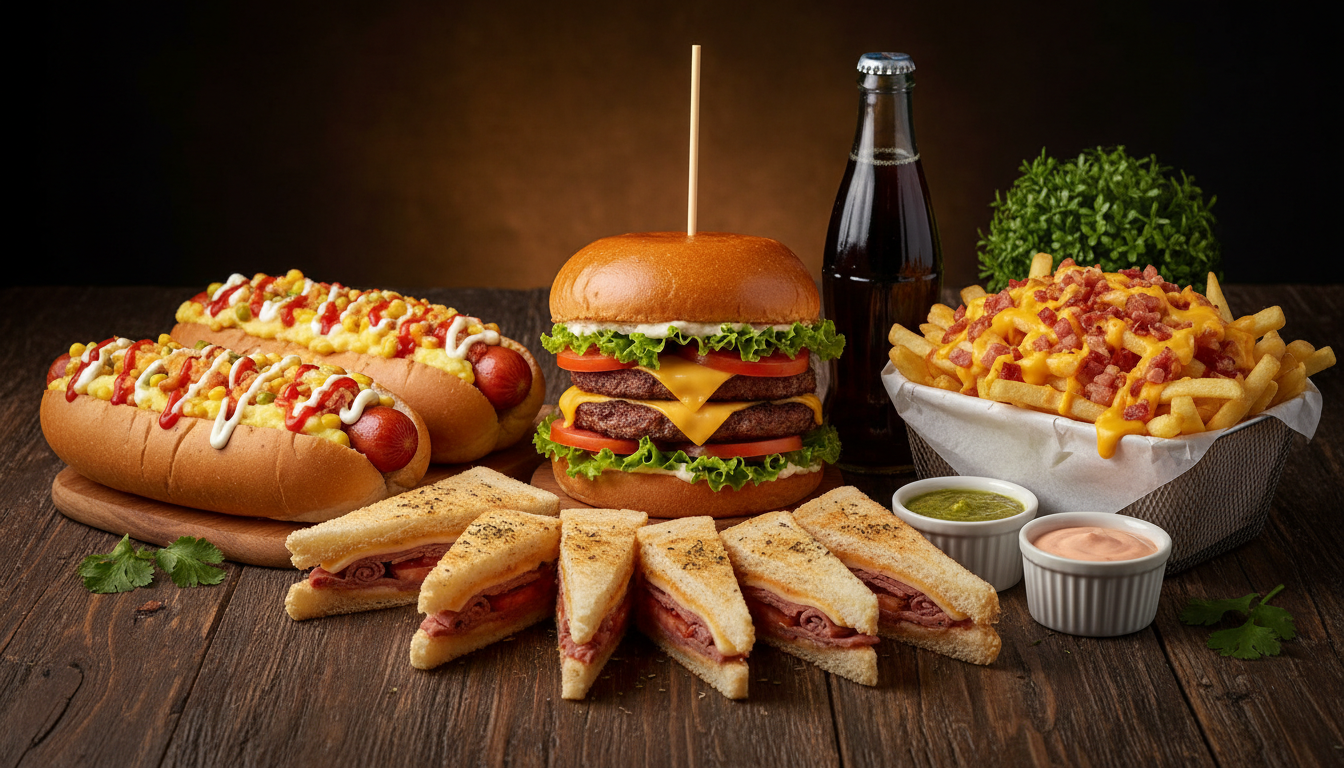 Mesa completa com lanches, batata e bebidas