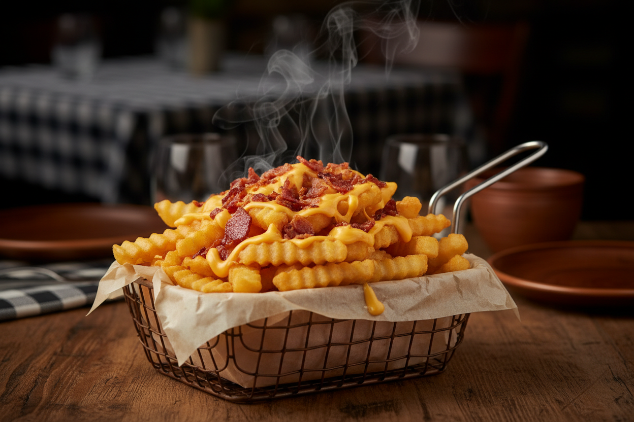 Porção de fritas com cheddar e bacon
